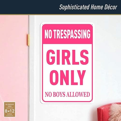N A Girls Bedroom Sign - Funny No Trespassing Girls Only Metal Tin Sign Wall Decor Pink No Boys Allowed Bedroom Door, 8 x 12 inch thumbnail 4