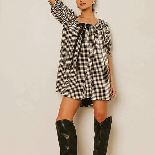 Women Plaid Half Sleeve Dress Loose Fit Cropped Mini A-Line Tunic Y2K Vintage Casual Swing Smocked Babydoll Dress thumbnail 7