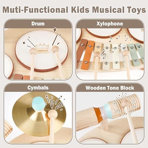 Drum Set for Toddler - Toys for 2 3 4 Year Old Girls Boy Gifts - 9 in 1 Wooden Montessori Musical Instruments with Xylophone for Kids 3-5, Christmas Birthday Gifts for Toddlers 2-4 thumbnail 2