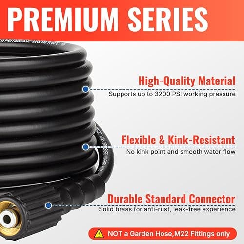 YAMATIC Pressure Washer Hose 50FT 1/4" ID, Standard (2) M22 Brass Fittings, 3200 PSI Kink-Resistant Replacement for Ryobi, Troy Bilt, Greenworks, CRAFTSMAN M22 Threads Power Washers thumbnail 3