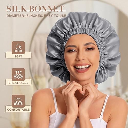 Satin Bonnet Silk Bonnet Hair Bonnet for Sleeping-Slouchy Beanie Hat Satin Sleep Cap for Women's Natural & Curly Hair(Dark Grey) thumbnail 2