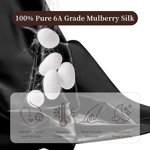 100% Pure Mulberry Silk Pillowcase Silk Pillow Cases for Hair and Skin with Hidden Zipper,6A High-Grade Fibers Dual Sides Silk Pillow Cover for Men and Women. (Black, Standard(20"*26")) thumbnail 3