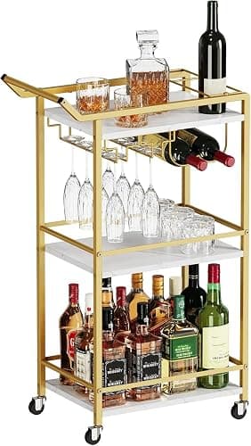 3 Tier Bar Cart Mini Liquor Utility Cart for Wine Beverage Dinner Party | Rolling Wine Coffee Drink Serving Cart with Lockable Wheels for Home Kitchen Bars (Gold) - Image 1
