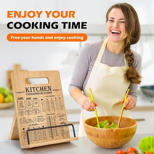 Bamboo Cookbook Stand for Kitchen Counter, Adjustable Recipe Book Holder | Cookbook Holder with Measurement Conversion Chart, Essential Accessories Women Gift for Birthday Christmas Cooking Lover thumbnail 2