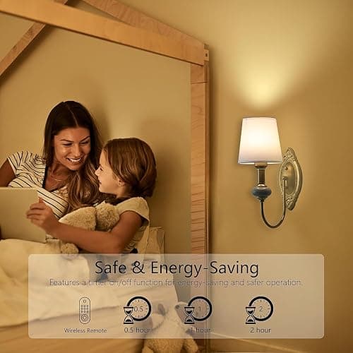 HHOCR Vintage Battery Operated Wall Sconce Set of 2, Gold LED RGB 15 Color | Dimmable Wireless Wall Sconces with Remote Control, Antique Fabric Rechargeable Wall Lights for Bedroom Living Room Hallway thumbnail 7