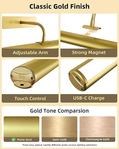 EZVALO Picture Light for Wall, 13in Wireless Rechargeable 4000mAh LED Art Light with Remote, Dimmable 3 Color Temps, Battery Operated Wall Light for Living Room, Bedroom, Gallery (Gold, 2 Pack Set) thumbnail 2