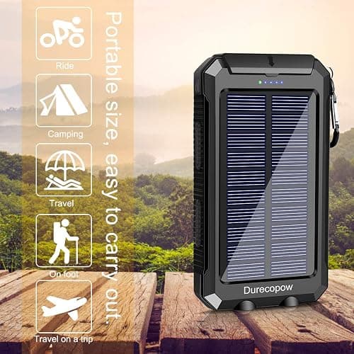 Solar Charger Power Bank, 8000mAh Portable Outdoor Waterproof Solar Battery Charger, Camping External Backup Battery Pack USB C Ports Input/Output, 2 Led Light Flashlight with Compass (Black) thumbnail 7
