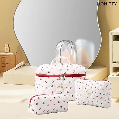 Makeup Bag,Quilted Cosmetic Bags,Large Floral Make Up Organize bag,Makeup Bag Set for Women,Flower Travel Toiletry Bag - Cherry-2 thumbnail 5