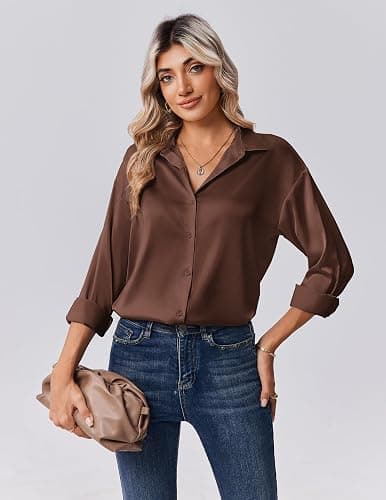 Zeagoo Womens Tops Long Sleeve Satin Silk Button Down Shirts Casual Business Dressy Blouses Fall Clothes thumbnail 5