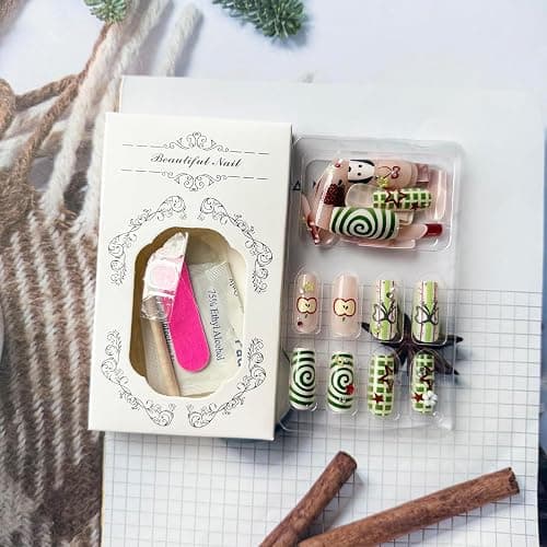Auroriel 24 Stück Lange Quadratische Press on Nägel Rote und Grüne French Tips mit Glitzer Apfel und Welpen Design Sommer Party Nail Art Wiederverwendbar thumbnail 3