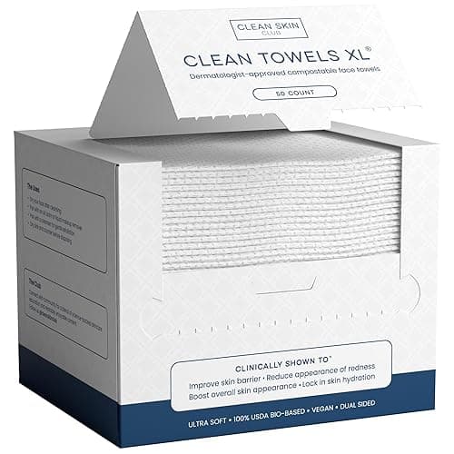 Clean Skin Club Clean Towels XL™, 100% USDA Biobased Face Towel, Disposable Face Towelette, Eczema Association Accepted, Makeup Remover Dry Wipes, Ultra Soft, 50 Ct, 1 Pack - 50 Count (Pack of 1)