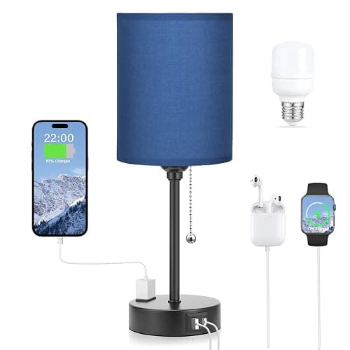 Small Bedside Table Lamp for Bedroom - Desk Lamp with USB Ports for Dorm | USB A+C Ports, AC Outlet, 3 Color Temperatures, LED Bulb Included, Navy Blue Shade, Matte Black Base, 14" Night Stand Lamp - Image 1
