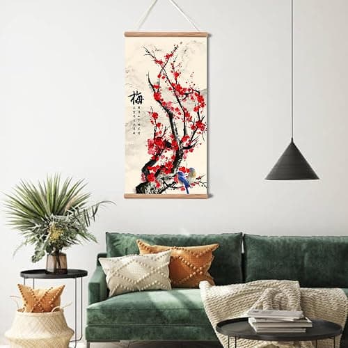 Plum Bossom Chrysanthemum Bamboo Orchid Painting ,Wall Art for Living Room Bedroom,Chinese Traditional Meticulous Painting,Posters and Printing,Fixed Wooden Hanging Scroll (Plum Blossom, 16”x32”) thumbnail 7