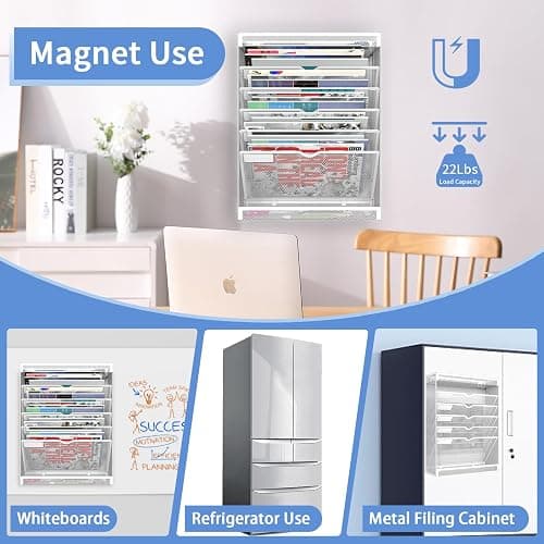 LQPAFZ 7 Tier Magnetic File Holder, No Drilling Wall File Organizer for File Cabinets Whiteboard Refrigerator,Office,Classroom, Hanging Paper Folder Holder, White thumbnail 5