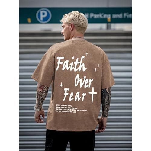 Lubpow Christian Shirts for Men Faith Over Fear Acid Wash Tshirts Faith Religious Tees God Bible Verse Inspirational Tops thumbnail 5