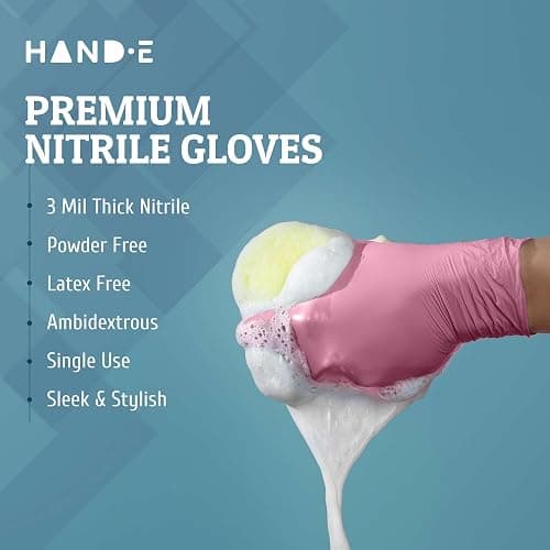 Hand-E Touch Pink Nitrile Disposable Gloves - Esthetician, Nail Tech, Hair Dye & Stylist, Cleaning Gloves - 50 - Small thumbnail 5