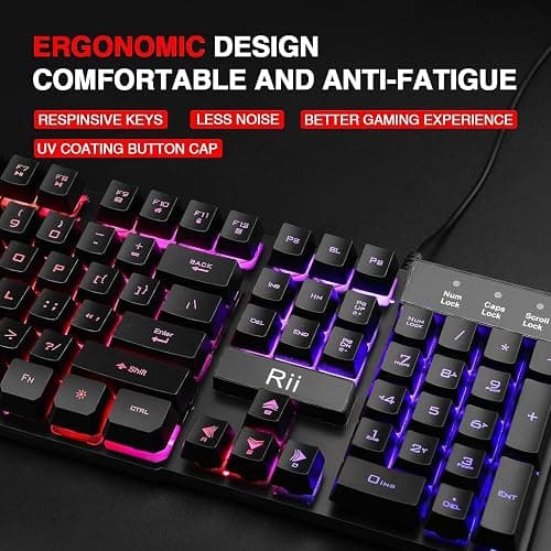 Rii RK100+ Multiple Color Rainbow LED Backlit Large Size USB Wired Mechanical Feeling Multimedia PC Gaming Keyboard,Office Keyboard for Working or Primer Gaming,Office Device thumbnail 2