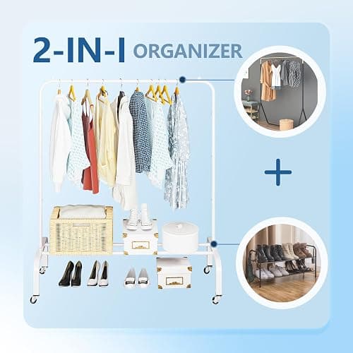 JIUYOTREE Metal Clothing Rack with Wheels, 43.3 Inches Rolling Clothes Garment Coat Rack with Bottom Shelf, Clothing Rack for Hanging Clothes, Coats, Skirts, Shirts, Sweaters, White - White - with wheel thumbnail 6