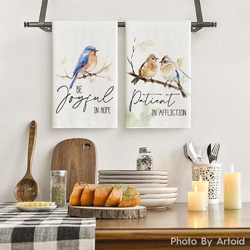 Artoid Mode Floral Leaves Branch Bird Kitchen Towels Dish Towels, 18x26 Inch Seasonal Summer Decoration Hand Towels Set of 4 thumbnail 2