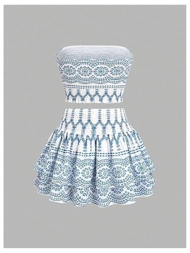 GORGLITTER Women's 2 Piece Boho Graphic Skirt Set Strapless Crop Tube Top and Ruffle Mini Skirts Summer Vacation Outfits thumbnail 2