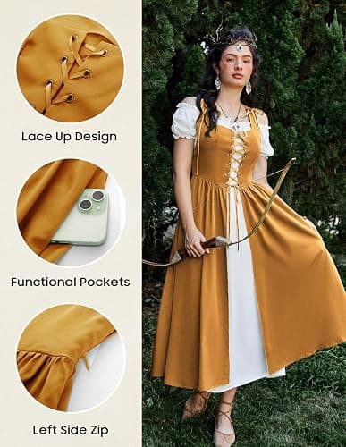 SCARLET DARKNESS Renaissance Costume Women Peasant Medieval Dress Short Sleeve Maxi Fairy Dresses with Pockets thumbnail 4