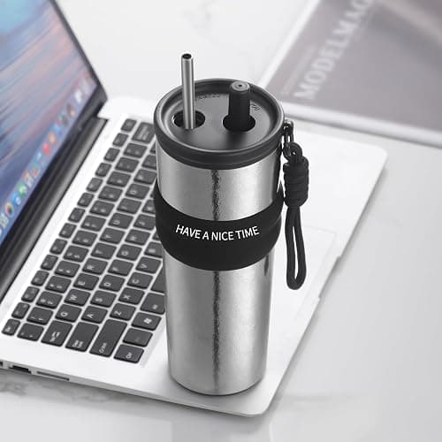 ZING TTI Titanium Coffee Tumbler with Titanium Straw & Flip Lid, Hot & Cold Beverage Travel Mug, Double-Wall Vacuum Insulated Cup, Portable Coffee Cup with Gift Box, 24 oz (blue) thumbnail 2
