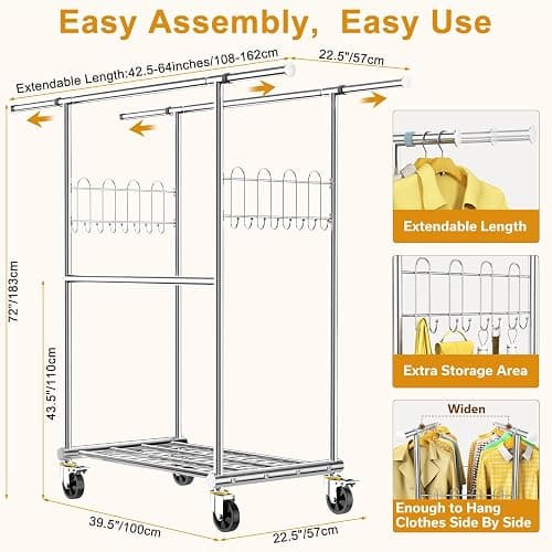 100% Stainless Steel Heavy Duty Clothes Rack Load 960LBS, Three Rods Clothing Racks for Hanging Clothes Extendable，Rolling Garment Rack With Sturdy Wheels Shelves Hooks, Portable Closet Wardrobe Rack thumbnail 2