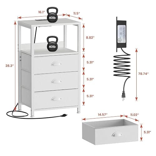 RVHOME White Nightstand with Charging Station & Voice Control LED Light, 28.3" Night Stand with 3 Fabric Drawers, End Table Side Furniture with Tamper-Resistant Outlets, USB Type C Port thumbnail 3