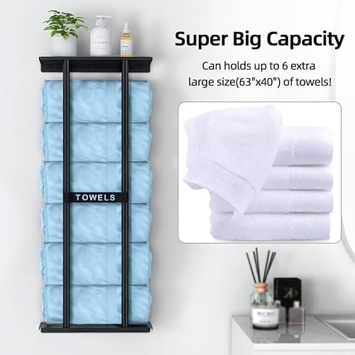 STWWO Towel Racks for Bathroom, Bathroom Towel Storage Wall Mounted 30 inch with Shelf Can Holds 6 Large Towels, Wall Towel Rack for Rolled Towels, Black thumbnail 4