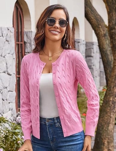 GRACE KARIN Womens Long Sleeve Button Up Cable Knit Cardigan Lightweight 2025 Crewneck Button Down Sweaters for Women thumbnail 3