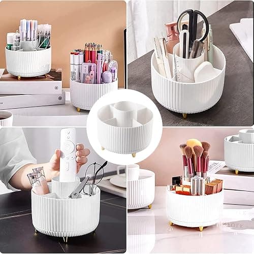Bekeify 360° Rotating Makeup Organiser Makeup Brush Holder with 5 Compartments for Cosmetics Perfume Jewellery for Dressing Table Bedroom Bathroom Office White Stationery Storage thumbnail 7