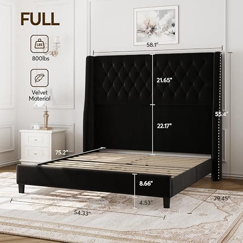 SEREINEY Full Bed Frame with 55" Tall Headboard, Upholstered Bed Frames, Soft Fabric, Button Tufted Headboard with Windback, Platform Bed, Noise-Free, No Box Spring Needed, Black thumbnail 2