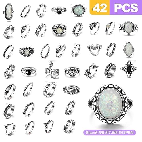ZeriLion 42 Pcs Vintage Silver Knuckle Ring Set Cool Alt Goth Punk Rings for Women Men Adjustable Stackable Grunge Emo Aesthetic Jewelry Snake Skull Chunky Band Pack thumbnail 3