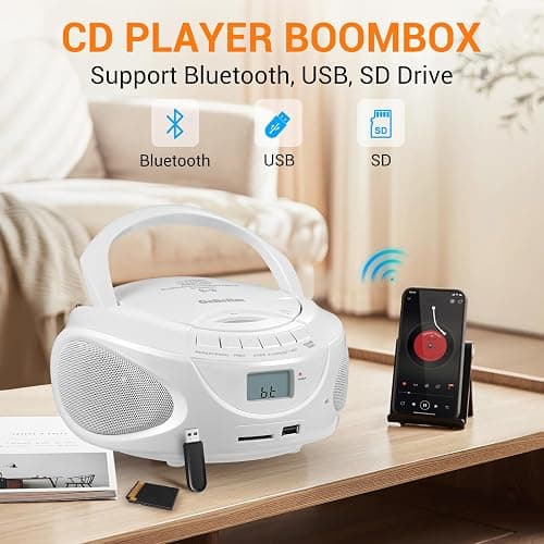 Portable CD Player Boombox with Bluetooth, AM/FM Radio CD Player with Stereo Speakers, USB/SD/AUX Input, Headphone Jack, AC or Battery Operated Compact CD Player for Home, Kids & Seniors, White thumbnail 2