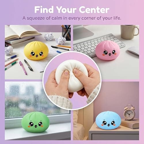 Dumpling Squishy Mystery Box,Dumplings Style Stress Balls for Adults and Kids, Cute Steamer Basket Design with Squeezable Ball Stress Relief Fidget Toys (4 PCS) thumbnail 6