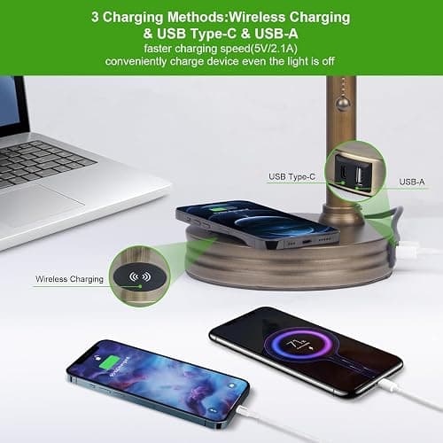 JCPYIUL Green Glass Bankers Lamp, Retro Desk Lamp with USB Wireless Charging Port, Classic Pull Chain Switch Table lamp, for Home Office nightstand Bedside Study Desk Library thumbnail 3