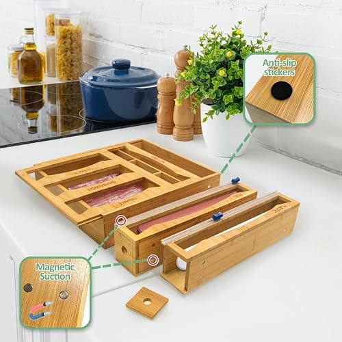 WHOMASS 6-in-1 Magnetic Bamboo Drawer Organizer for Food Bags and Wraps Adjustable Compartment Storage with Dispenser and Cutter Fits Gallon Quart Sandwich and Snack Sizes thumbnail 4