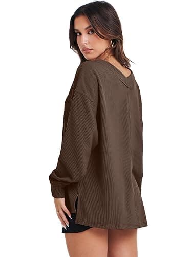 ANRABESS Oversized Long Sleeve Shirts for Women Off the Shoulder Sweatshirt Loose V Neck Tunic Tops High Low Sweater 2025 thumbnail 5