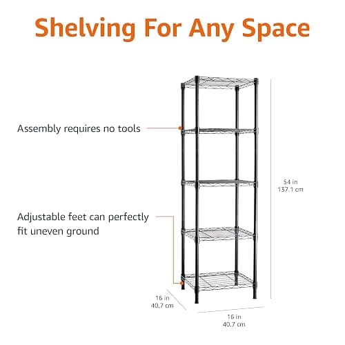 Amazon Basics 5-Shelf Tower Adjustable Storage Shelving Unit for Garage, Rust-Resistant Steel, 150 lbs Per Shelf, 16"W x 16"D x 54"H, Black thumbnail 3