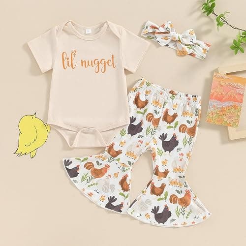 Karuedoo Newborn Baby Girl Farm Outfits Letter Print Short Sleeve Romper Chicken Flared Pants Headband 3Pcs Outfits Sets thumbnail 2