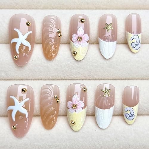 30Pcs Pink Flower Press on Nails Medium Almond French Tip Fake Nails with Gold Shell Starfish Gems Design Handmade False Nails Full Cover Artificial Glue on Nails Hawaii Stick on Nails for Women DIY - Image 1