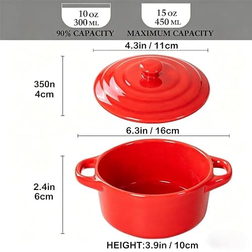 Mini Dutch Oven Set of 4, 14 oz Ceramic Mini Dutch Ovens with Lids and Handles, Ramekins with Lids for French Onion Soup, Pot Pies, Soufflés and Baked Desserts, Oven Microwave Dishwasher Safe, Mini Cocotte，（Red） thumbnail 3