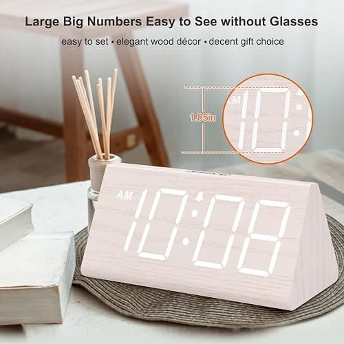 DreamSky Wooden Digital Alarm Clock for Bedroom - Living Room Desk Clock with Large Numbers, Bedside Nightstand Clock with USB Port, Adjustable Volume, Dimmer, DST, Office Wood Décor, Adapter Powered thumbnail 3