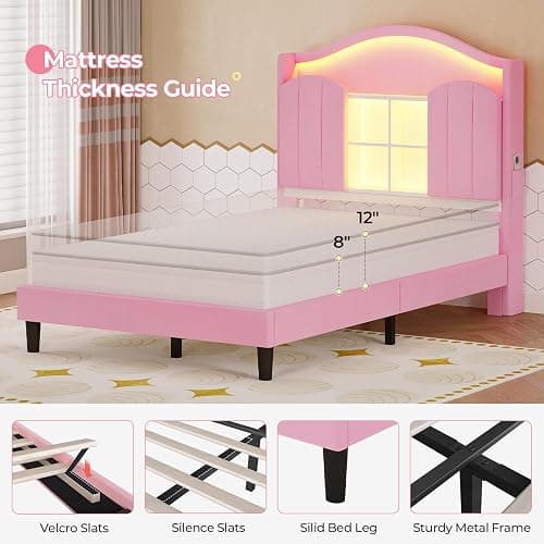 BTHFST Twin Girl Bed with LED Lights & Charging Station, Upholstered Storage Headboard Platform Twin Size Princess Bed Frame, No Box Spring Needed/Noise-Free/Easy Assembly, Pink thumbnail 7