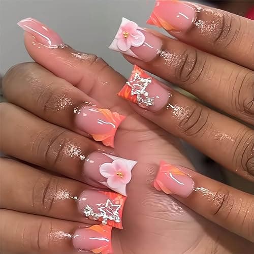 24Pcs Medium Press on Nails Duck Fake Nails Orange French Tip Nails Press on with Charms Star and Flower Designs False Nails Glossy Full Cover Acrylic Nail Glue on Nail for Women Girls - Image 1