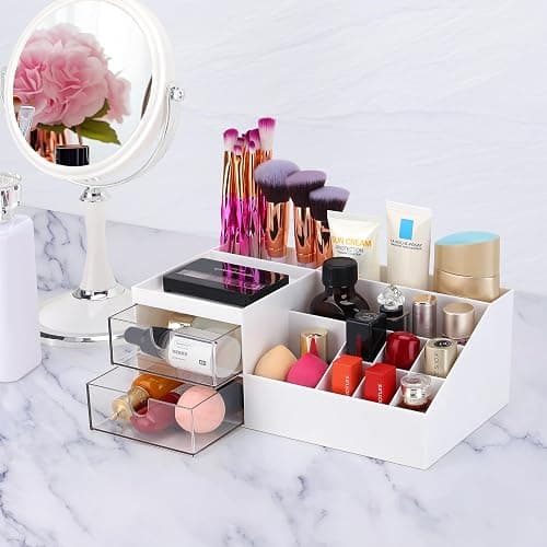 LETURE Desk Organizer, Cosmetic Makeup Vanity Organizer Box, Bathroom Counter Makeup Storage for Eyeshadows, Skin Care, Concealers, Powders, Nail Polish (White) thumbnail 2