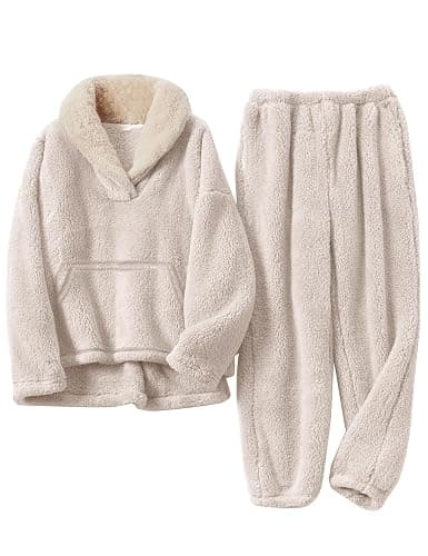 Flygo Women Fuzzy Warm Fleece Pajamas Sets Winter Flannel Sleepwear Fluffy Pajama Pullover Top Lounge Pants Set - Image 1