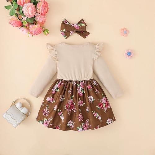 YWFSHOP Baby Toddler Girl Dress Outfit Fall Winter Clothes Crew Neck Corduroy Long Sleeve Dresses with Bow Headband thumbnail 3