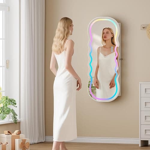 Lvifur RGB Lighted Mirror Jewelry Cabinet,LED Wavy Wide Mirror with Storage, Wall or Door Mounted Jewelry Organizer with Interior Mirror,Lockable Jewelry armoire,Gift Ideal thumbnail 2