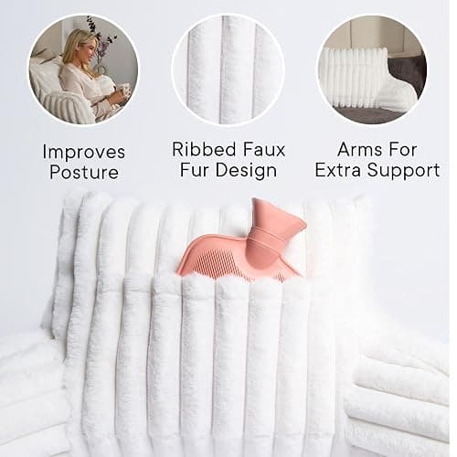 OHS Reading Pillow Ribbed Faux Fur, Heatable Pocket Super Soft Cosy Reading Cushion for Adults Snuggle Relaxing Bed Armchair Pillow Back Support, Cream thumbnail 6